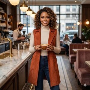 Anthropologie Solitaire Women Burnt Orange Print Suede Long Vest Whimsical Large